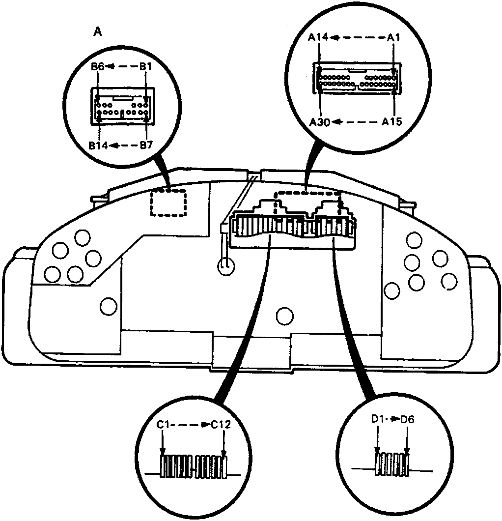 Diagram of gauge cluster showing connector locations A, B, C, and D with terminal details. Figure number 86M 2086.