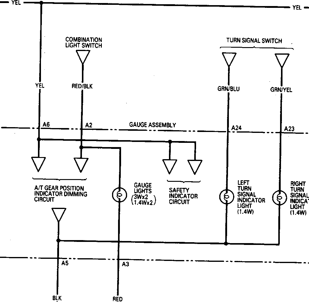 Electrical wiring diagram showing connections for combination light switch, turn signal switch, gauge assembly, indicator lights, and dash lights brightness controller with wire color codes YEL, RED/BLK, GRN/BLU, GRN/YEL, BLK, RED and connector points A6, A2, A24, A23, A5, A3.