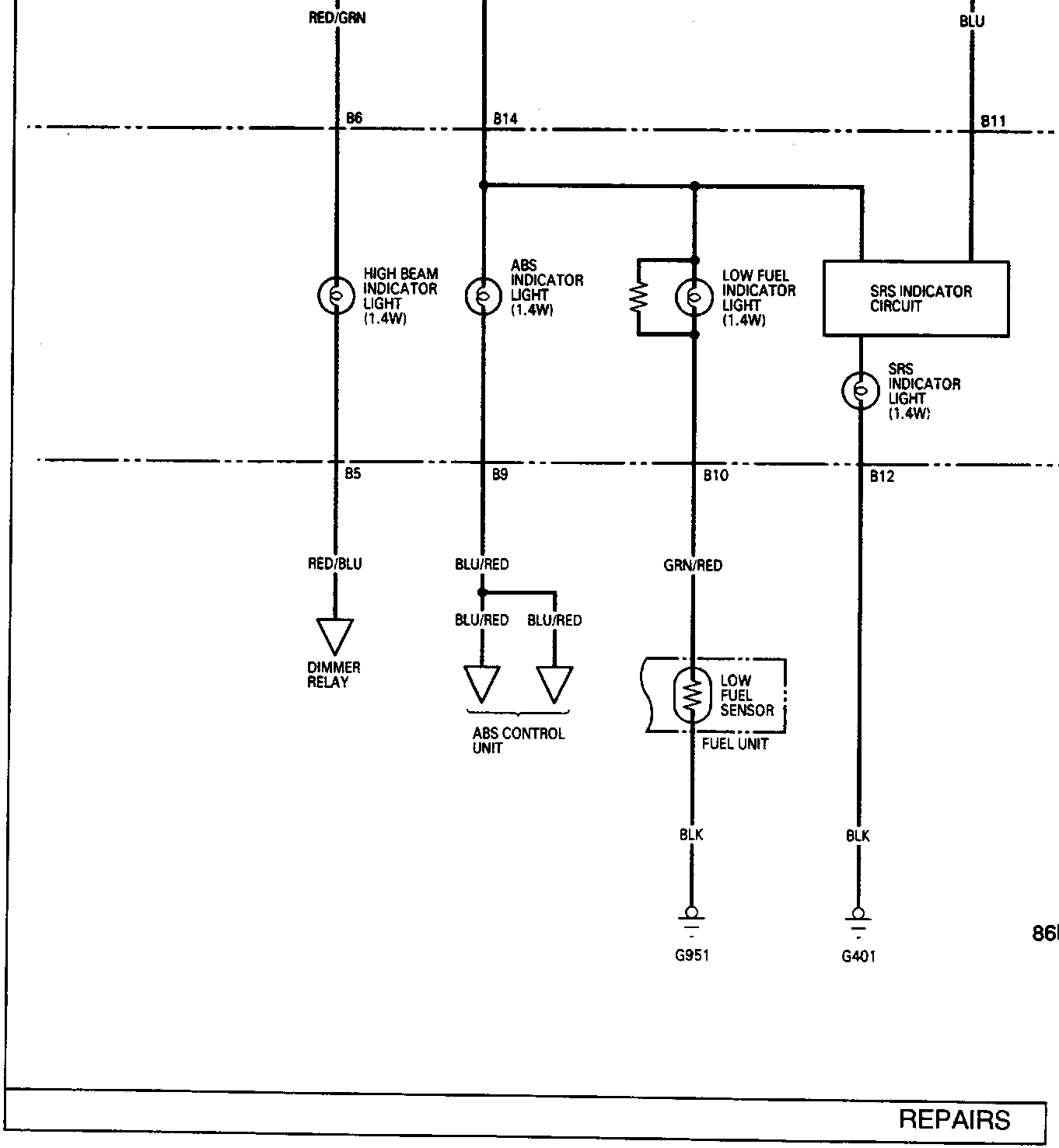 Electrical wiring diagram showing connections for High Beam Indicator Light, ABS Indicator Light, Low Fuel Indicator Light, SRS Indicator Circuit, Dimmer Relay, ABS Control Unit, and Fuel Unit with wire colors and connector codes.