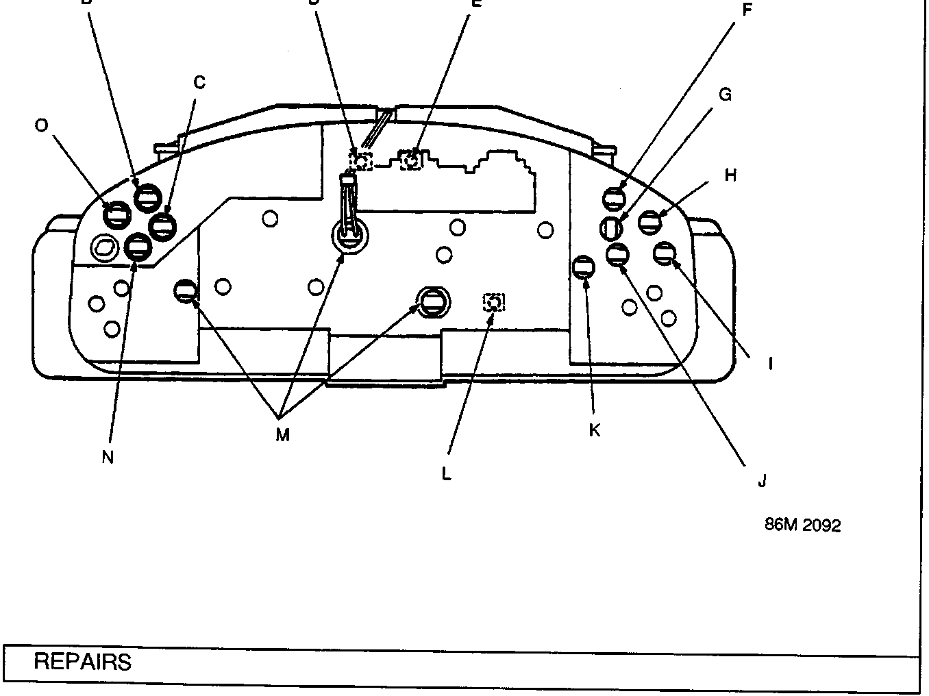 Bottom view technical line drawing of a headlight assembly showing the rear bulb holder panel with multiple circular bulb sockets arranged in clusters, labeled with callout letters B through O.