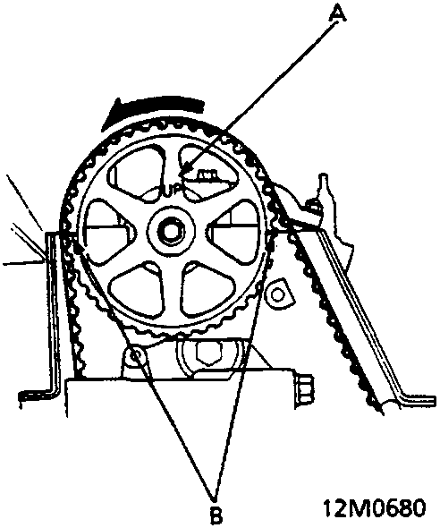 Diagram of camshaft pulley showing UP mark and TDC grooves alignment, with figure number 12M0680