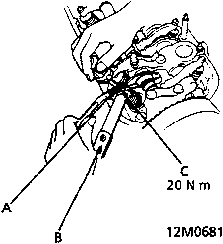 Diagram showing adjustment of valves on No 1 cylinder using an adjusting screw, feeler gauge, and locknut, with figure number 12M0681