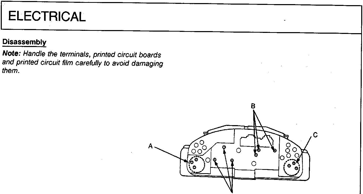Diagram of instrument cluster rear view showing terminal locations labeled A, B, C, and D