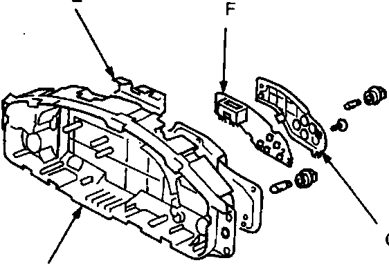 Exploded diagram of instrument cluster housing components labeled E, F, G, and P