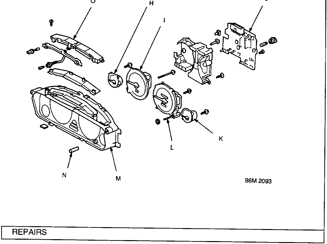 Detailed exploded diagram of instrument cluster internal components including gauges, bezel, and circuit board labeled H through O