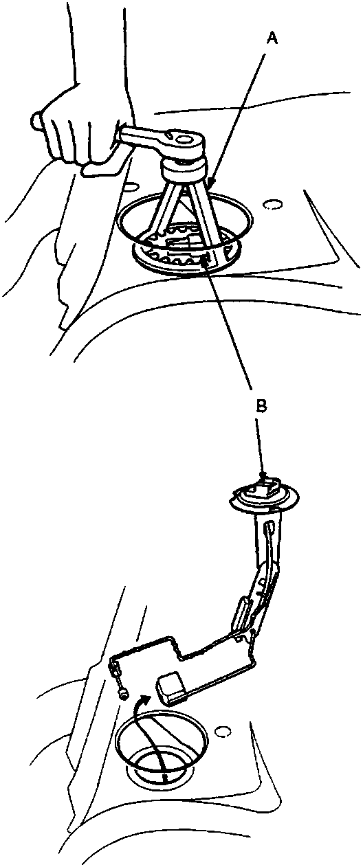 Diagram showing the removal of the fuel sender unit using a fuel sender spanner (A) from the fuel tank access panel, with the fuel sender unit (B) depicted below.