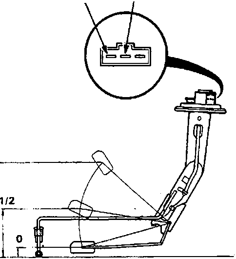 Diagram of fuel tank sending unit showing terminals B and C, with float position measurements marked 0, 1/2, and 1