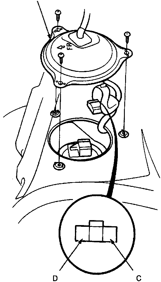 Diagram of fuel tank access panel showing the 3-P connector and sending unit location