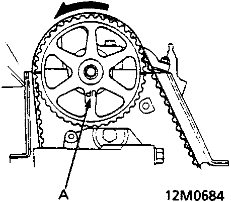 Diagram of camshaft pulley with timing mark aligned at bottom