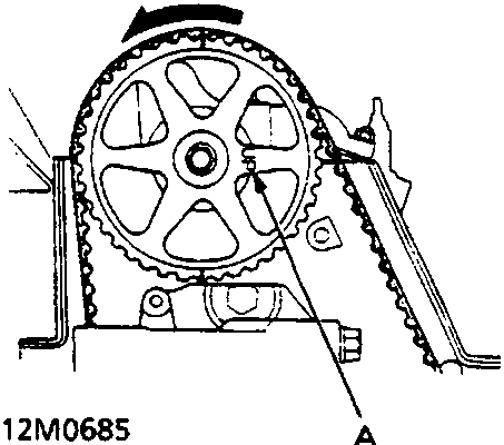 Diagram of camshaft pulley with timing mark aligned at top right