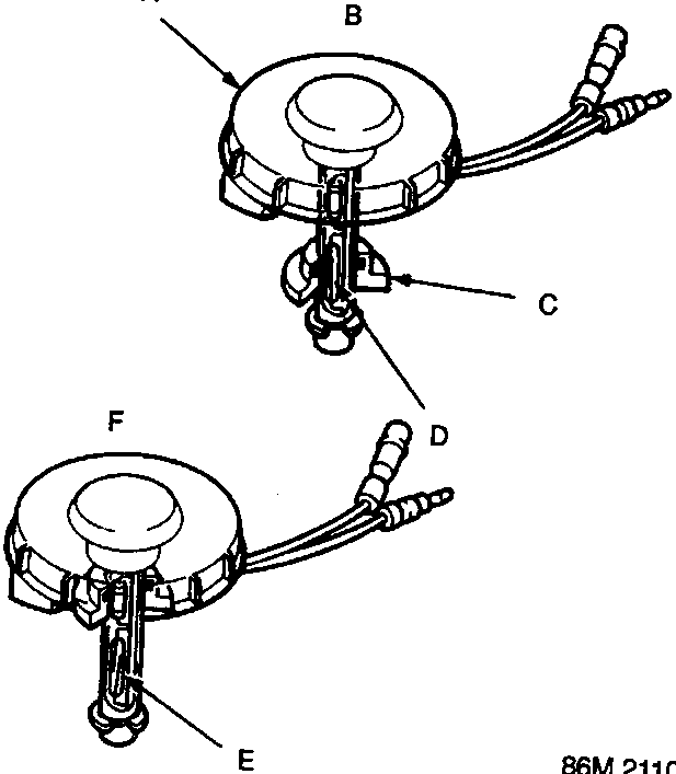 Diagram of brake fluid reservoir cap assembly showing float, switch contacts, and terminals in down and up positions