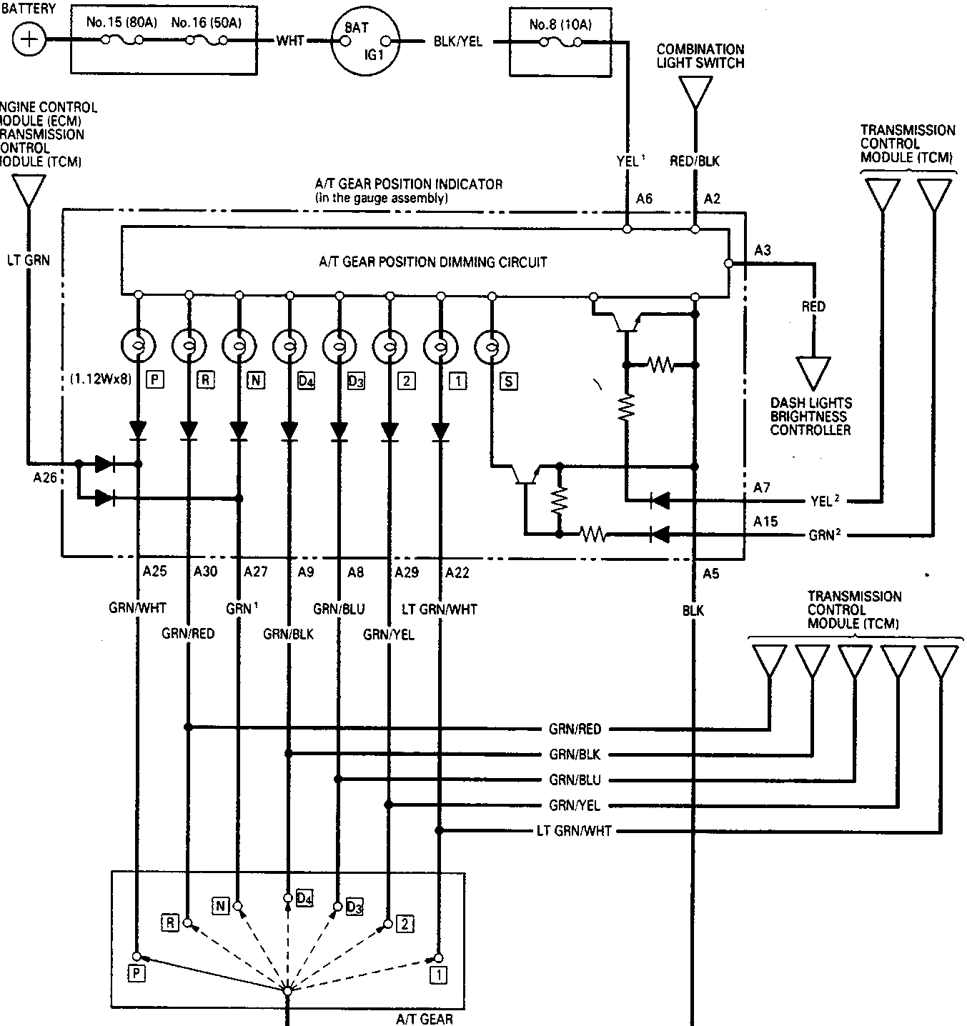 Electrical circuit diagram showing connections between battery, fuse/relay boxes, ignition switch, combination light switch, engine control module (ECM), transmission control module (TCM), A/T gear position indicator, dash lights brightness controller, and A/T gear position switch with wire color codes and connector pin numbers.