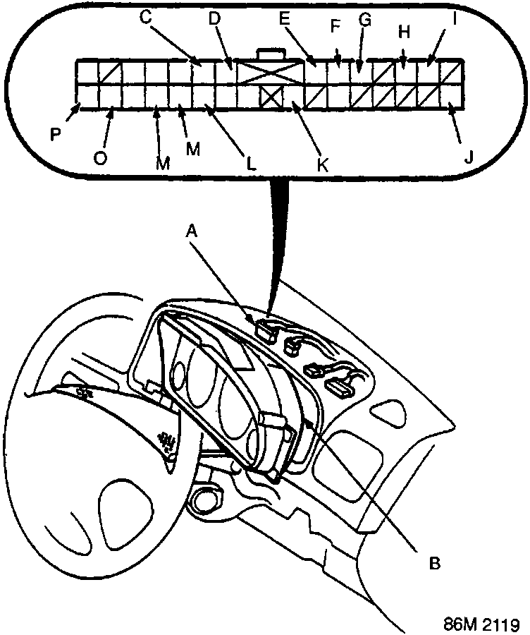 Diagram showing the 30-P connector pin layout (labeled A through P) and its connection to the gauge assembly (B) within the instrument cluster.