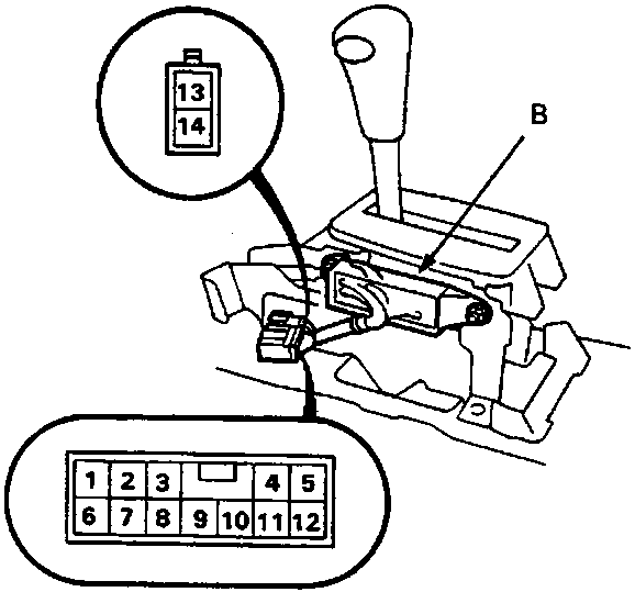 Diagram of automatic transmission gear shift assembly showing the 2-P connector (A), A/T gear position switch (B), and 12-P connector (C) with terminal numbering.