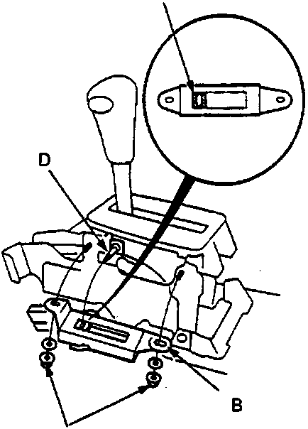 Diagram of A/T gear position switch showing switch slider, switch body, mounting nuts, and pin location