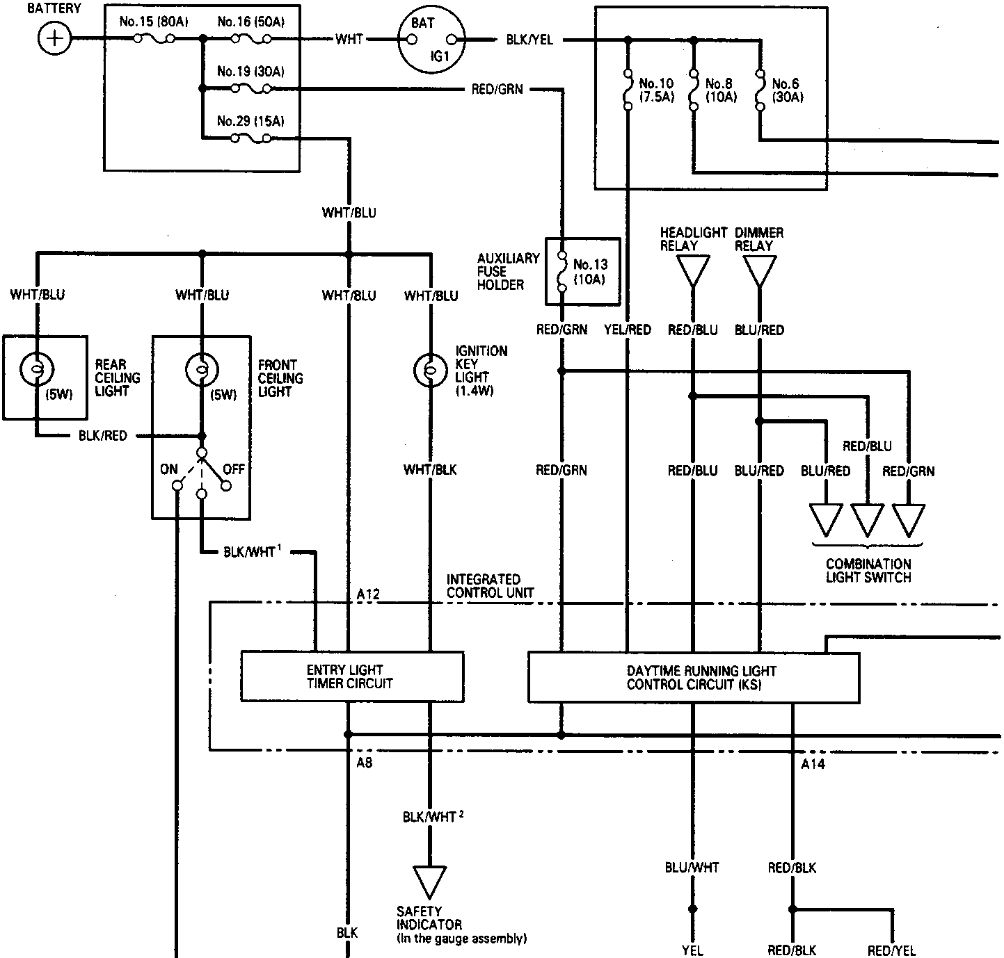 Electrical circuit diagram showing the Integrated Control Unit, fuse/relay boxes, ignition switch, ceiling lights, entry light timer circuit, daytime running light control circuit, and various switches and indicators with wire color codes.