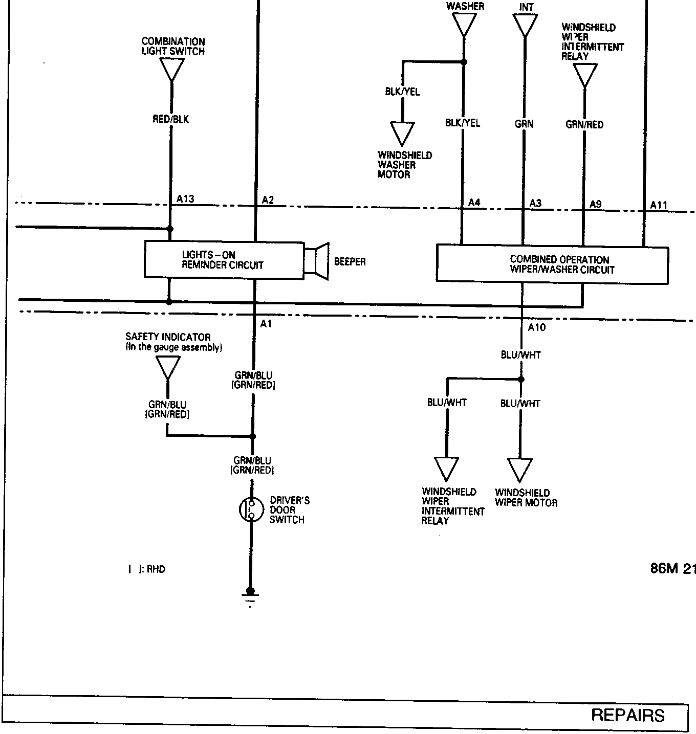 Wiper and washer circuit diagram with switches, relays, and motors.