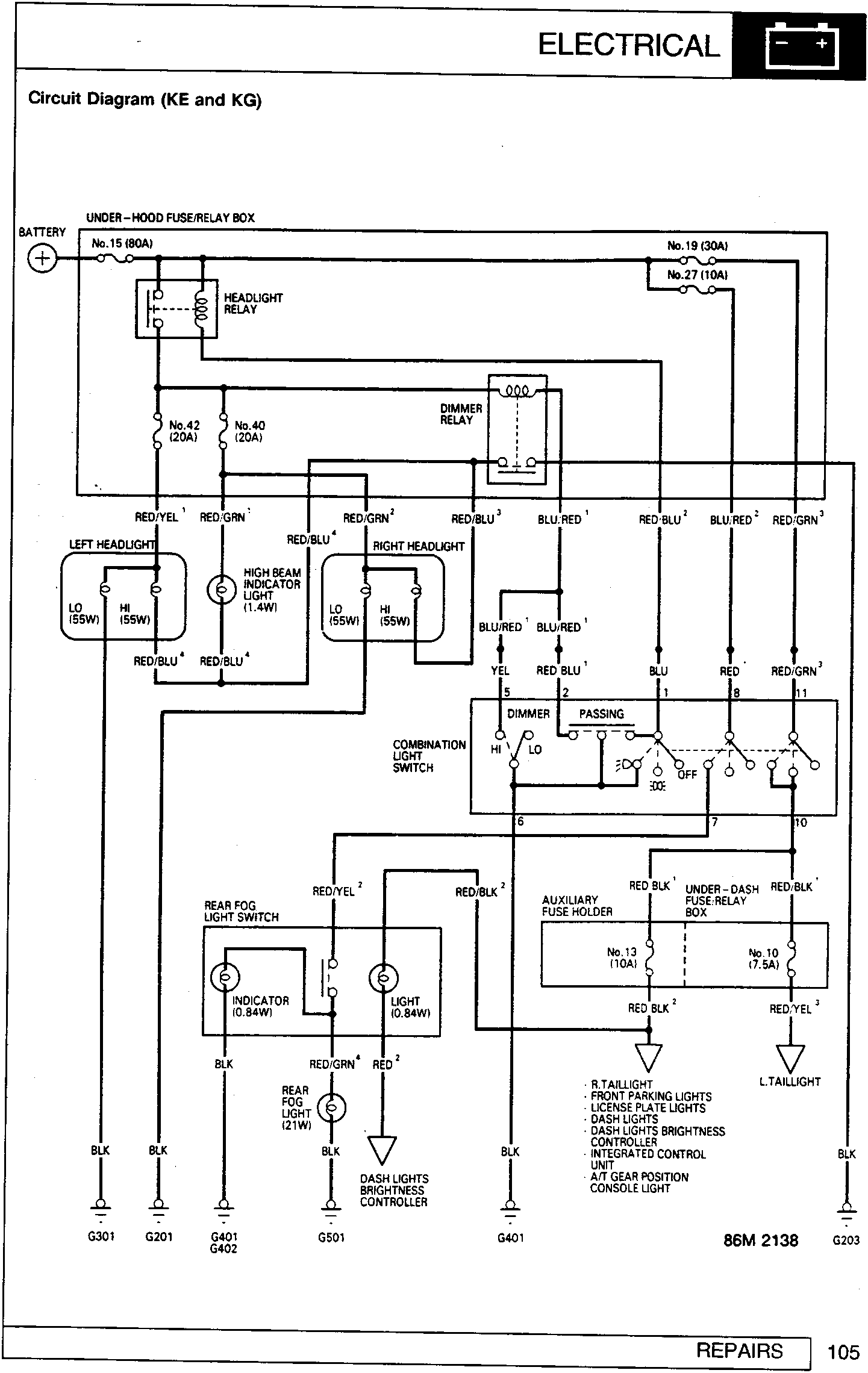 Electrical circuit diagram for KE and KG models showing battery, fuse/relay boxes, headlight relay, dimmer relay, combination light switch, headlights, fog lights, and ground connections with wire color codes.