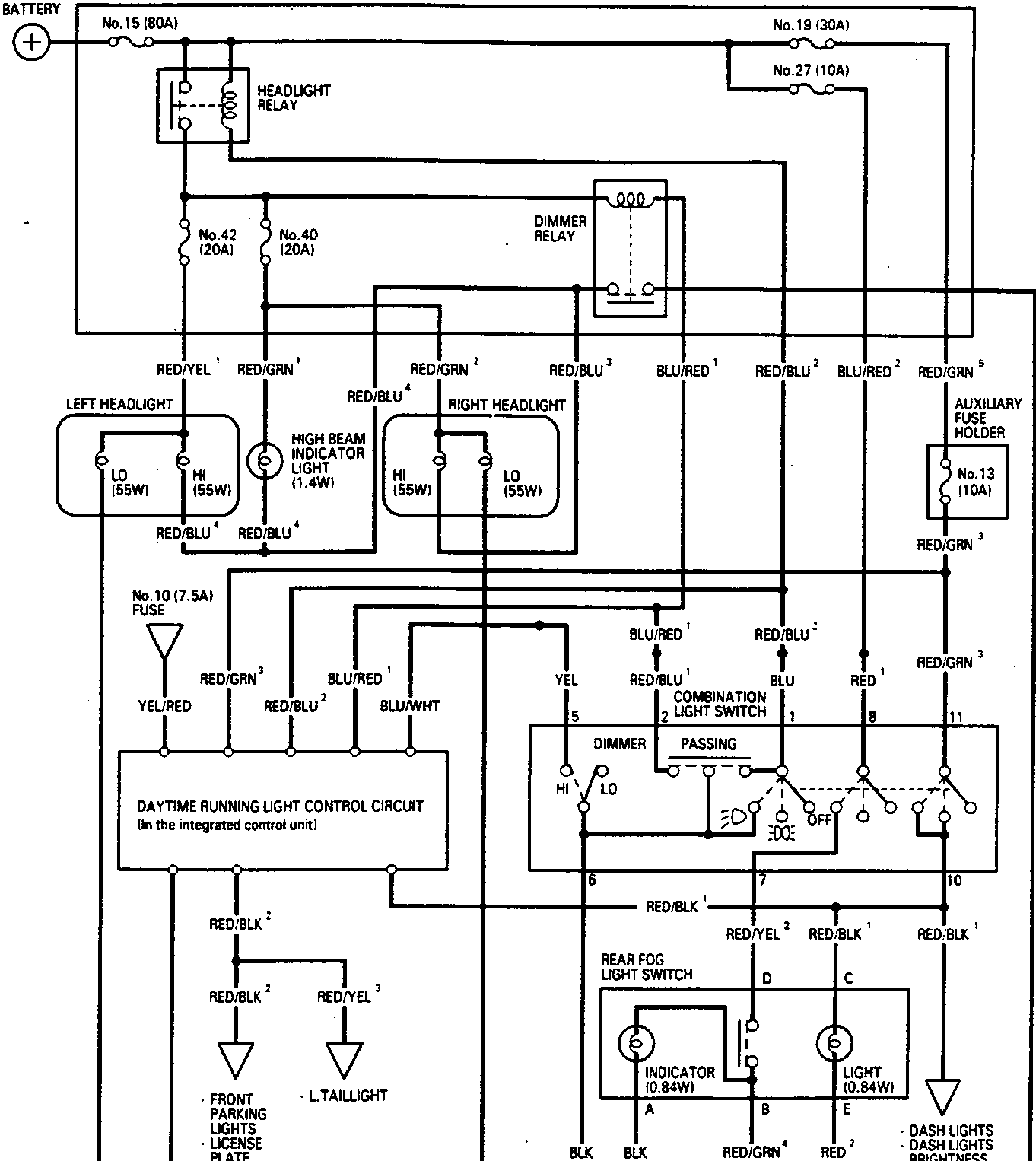 Electrical circuit diagram showing connections for headlights, fuses, relays, switches, and ground points. Includes labels such as BATTERY, UNDER-HOOD FUSE/RELAY BOX, LEFT HEADLIGHT, RIGHT HEADLIGHT, DIMMER RELAY, COMBINATION LIGHT SWITCH, DAYTIME RUNNING LIGHT CONTROL CIRCUIT, REAR FOG LIGHT SWITCH, and various wire color codes and ground points G301, G203, G201, G401, G501. Document code 86M 2139 is printed at bottom right.