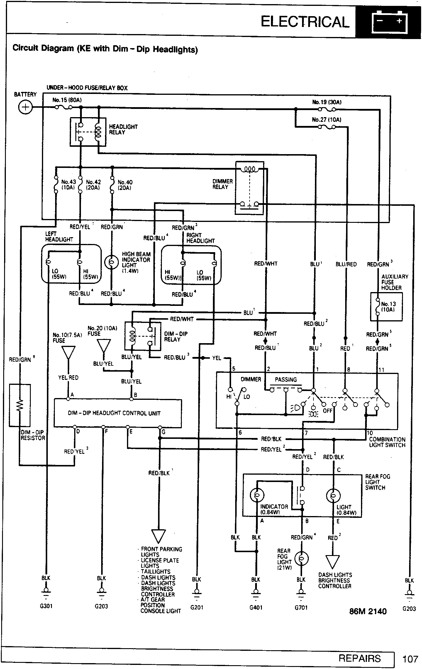 Electrical circuit diagram showing wiring for headlights, relays, fuses, switches, and control units including labels such as BATTERY, HEADLIGHT RELAY, DIMMER RELAY, DIM-DIP RELAY, COMBINATION LIGHT SWITCH, and various wire color codes.