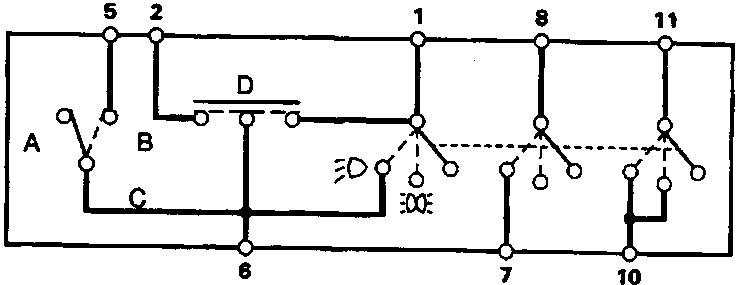 Schematic diagram of the headlight/dip/passing switch showing terminals 1, 2, 5, 6, 7, 8, 10, 11 and internal contacts labeled A, B, C, D.