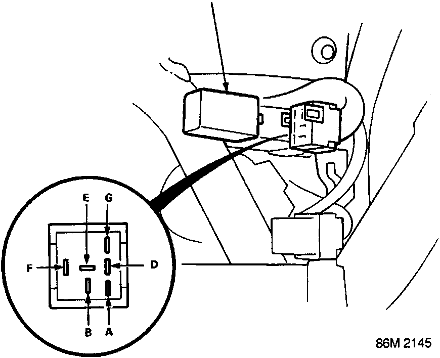 Diagram showing the location of the dim-dip headlight control unit under the dashboard and a detailed view of its 6-pin socket terminal layout labeled A through G.