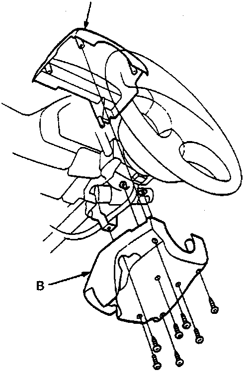 Diagram showing the steering column with upper and lower covers removed, with callouts A (Upper column cover) and B (Lower column cover)
