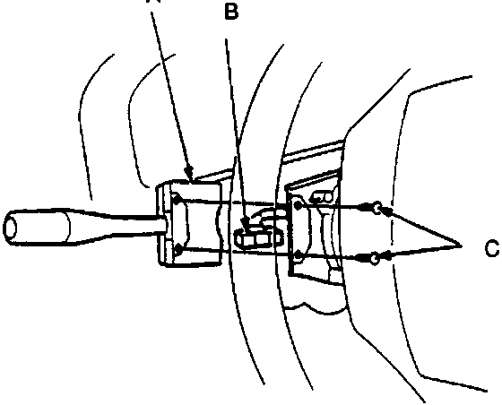 Diagram showing the combination light switch assembly with callouts A (Combination light switch), B (14-P connector), and C (Screws)