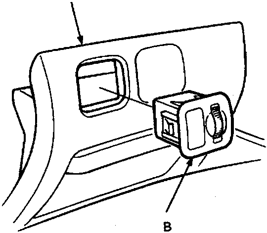 Close-up diagram of dashboard lower cover with headlight adjuster switch inserted, callouts A and B