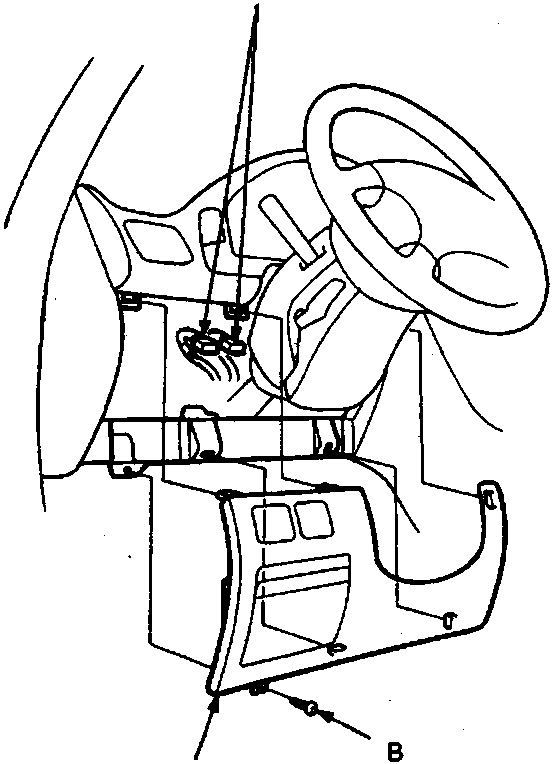 Diagram of steering column area showing connectors, screw, and dashboard lower cover with callouts A, B, C
