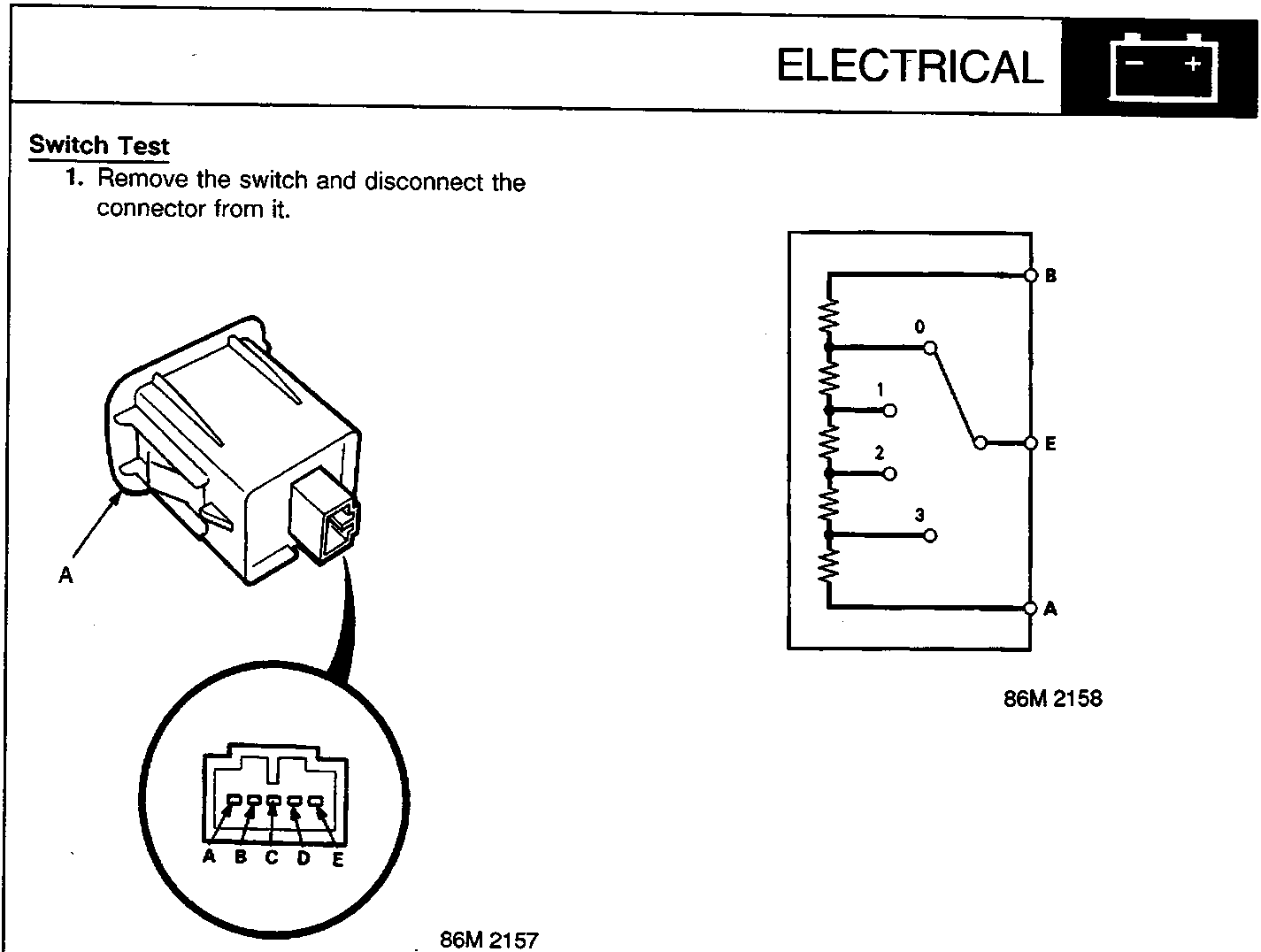 Diagram of headlight adjuster switch (A) with a zoomed-in view of its 5-pin connector labeled A, B, C, D, E, alongside a schematic diagram showing internal resistors connected to terminals 0, 1, 2, 3, A, B, and E.