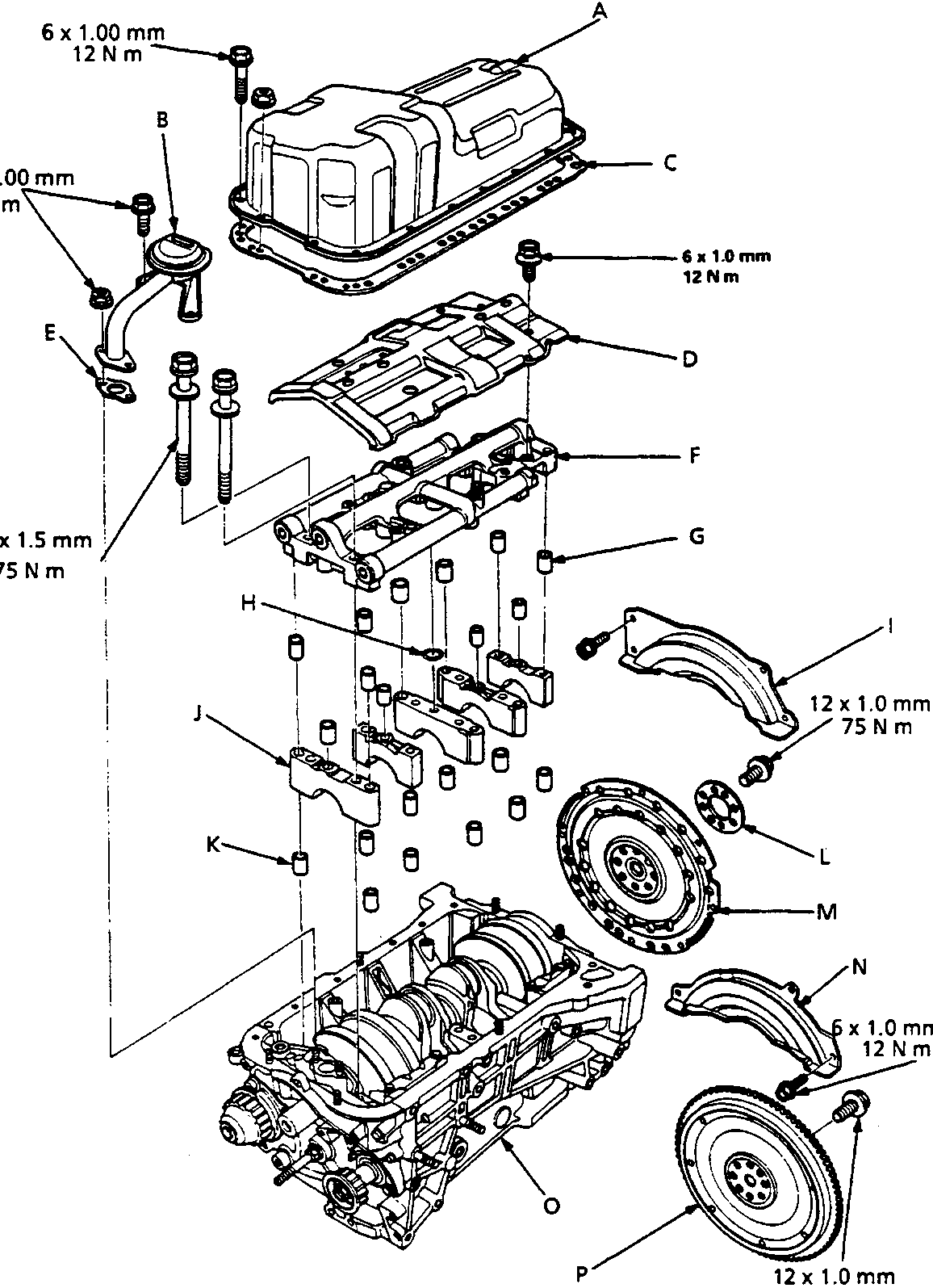 Exploded view diagram of the cylinder block assembly showing components A through P with screw specifications and torque values.