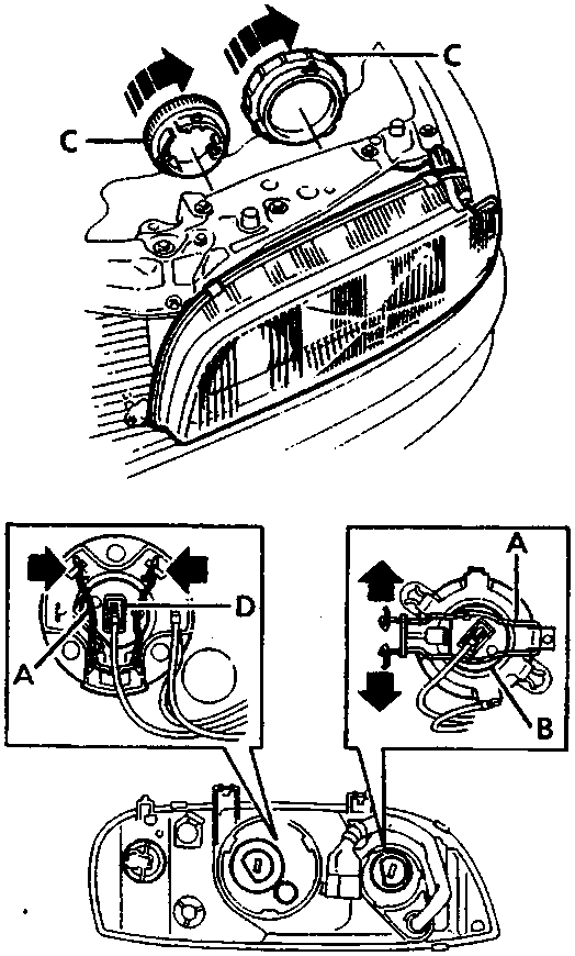 Diagram of headlight assembly showing removal of circular bulb covers (C), wire retaining clip (A), bulb (B), and bulb main beam (D).