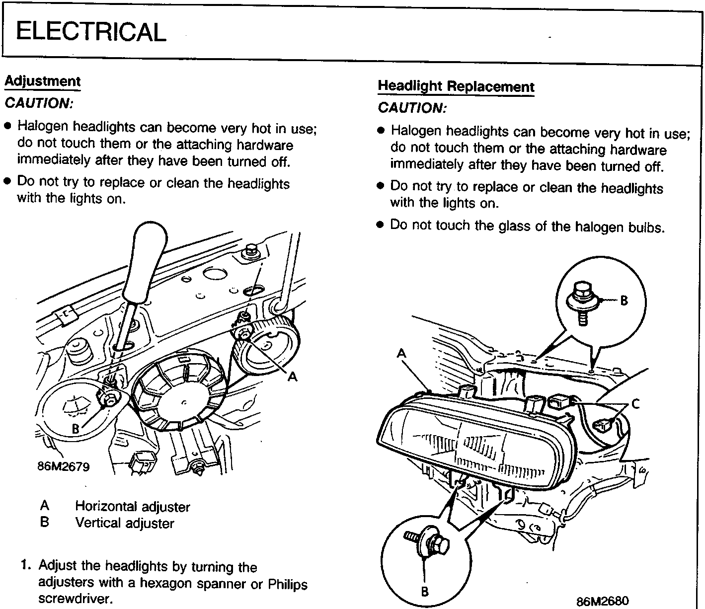 Diagram showing headlight adjustment points A and B with a tool inserted
