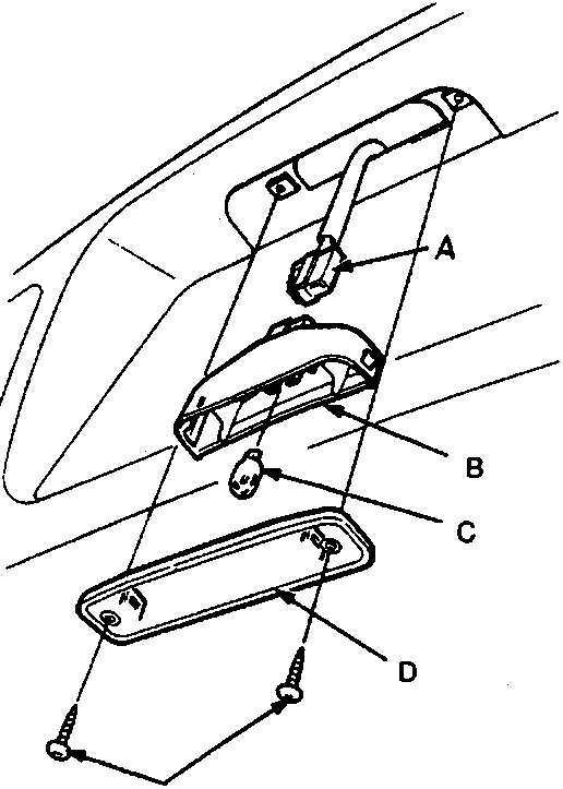 Diagram of number plate light assembly showing connector A, housing B, bulb C, lens D, and screws E