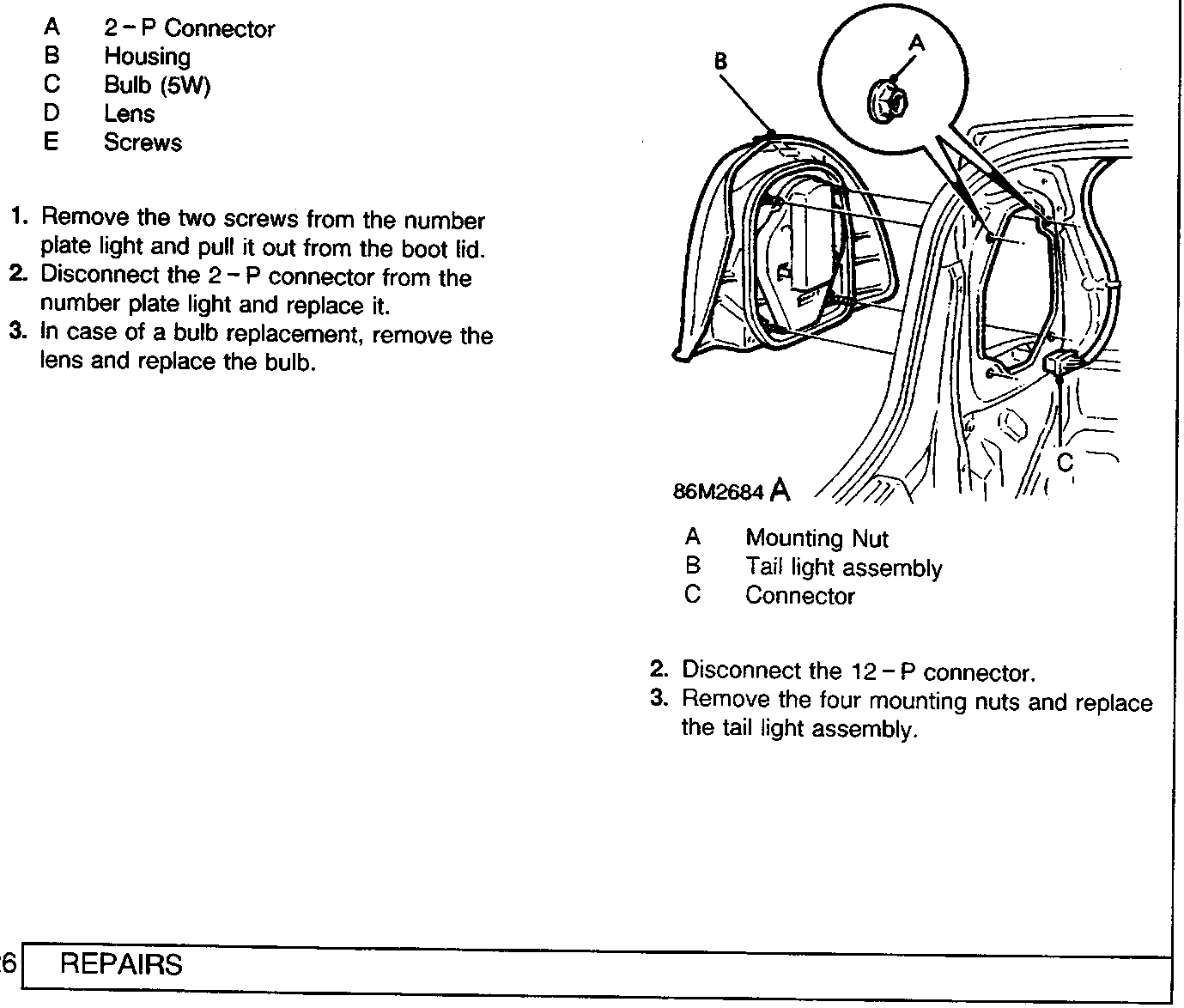 Diagram of tail light assembly showing mounting nut A, tail light assembly B, and connector C