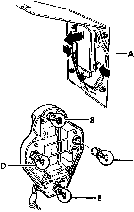 Diagram of tail light bulb holder panel with callouts A, B, C, D, E