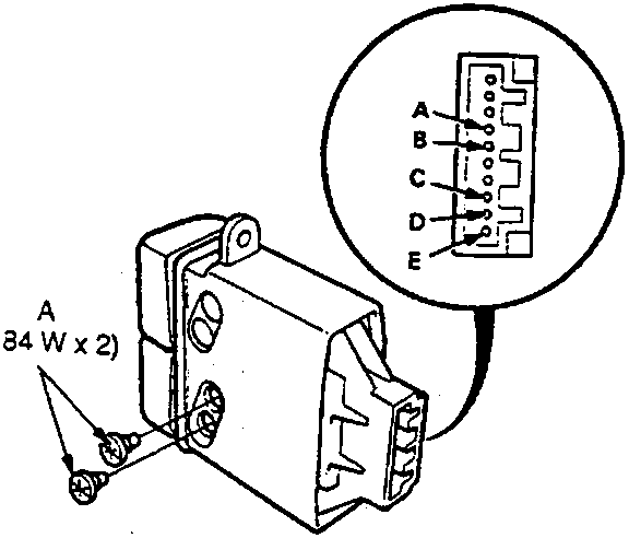 Rear fog light switch assembly with connector terminals labeled A through E and bulb specification (0.84 W x 2)