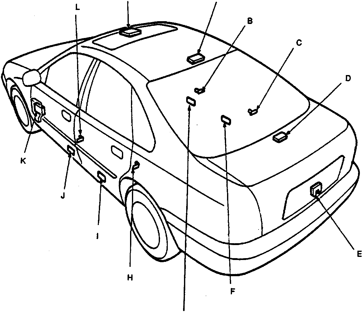 Diagram of car interior and boot area showing locations of various lights and switches labeled A through M.