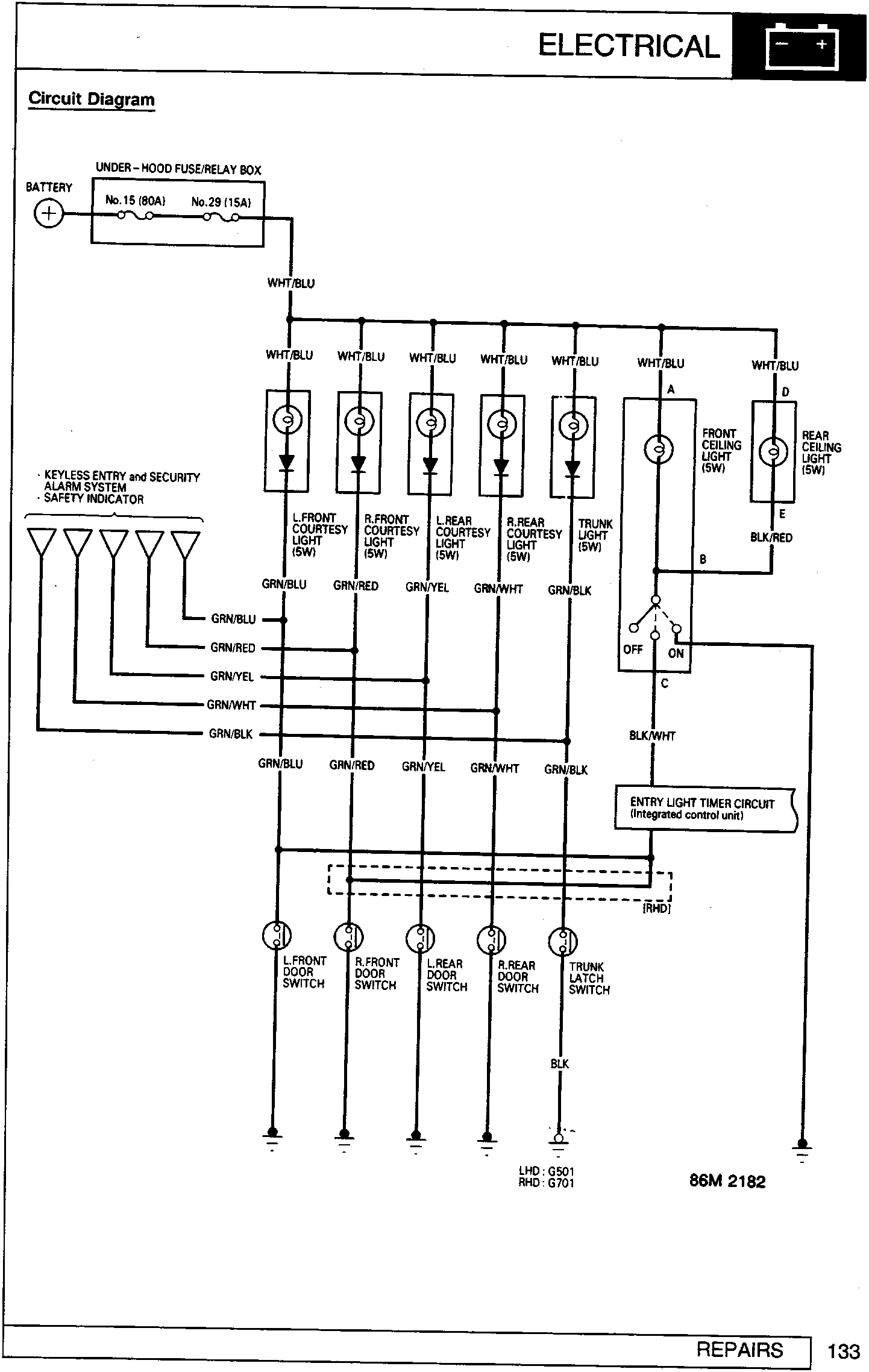 Electrical circuit diagram showing battery, under-hood fuse/relay box, courtesy lights, ceiling lights, trunk light, entry light timer circuit, and door/latch switches with wire color codes.