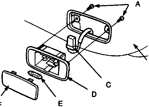 Exploded view of a courtesy light assembly showing screws, door panel, connector, housing, bulb and lens