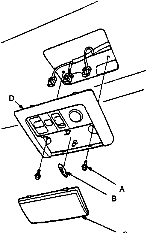 Exploded diagram of front interior light housing with callouts A through D