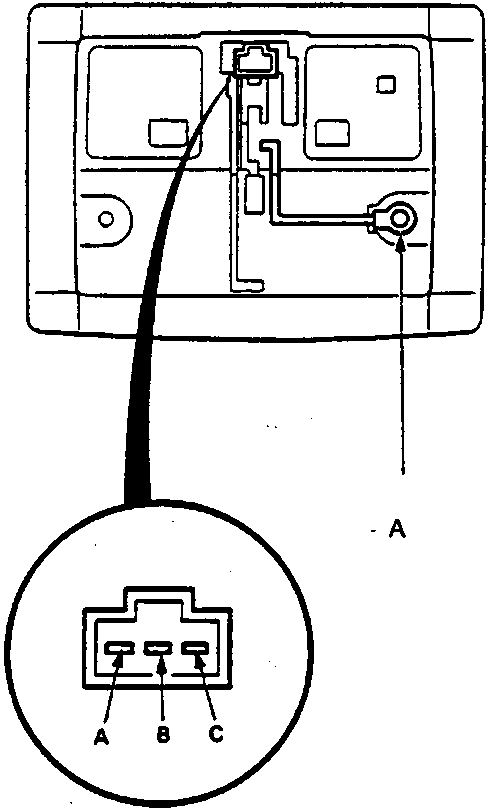 Diagram showing the rear interior light connector location and a close-up of the 2-P connector with terminals A, B, and C.