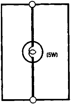 Circuit diagram for the rear interior light showing connections to a fuse and the front interior light, with terminals labeled B, D, E and a 5W bulb symbol in the center.