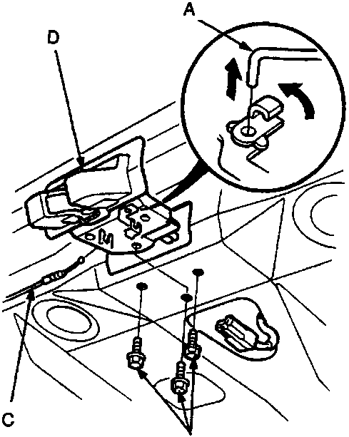 Diagram of boot latch removal showing the lock rod (A), bolts (B), boot opener cable (C), and boot latch (D).