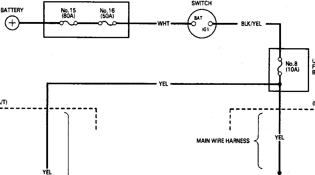 Electrical circuit diagram for reversing lights showing connections from battery through fuse/relay boxes, ignition switch, gear position switch, back-up light switch, and back-up lights to ground. Includes labels for wire colors (WHT, BLK/YEL, YEL, GRN/BLK, BLK), harness sections (MAIN, ENGINE, FLOOR, REAR), and component locations (UNDER-HOOD, UNDER-DASH). Dashed lines distinguish A/T and M/T configurations.