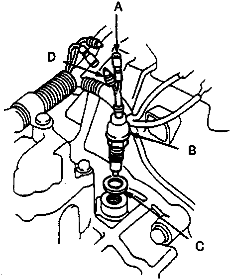 Diagram showing the reversing light switch (B) and wiring connectors (A, C, D) on the manual transmission.