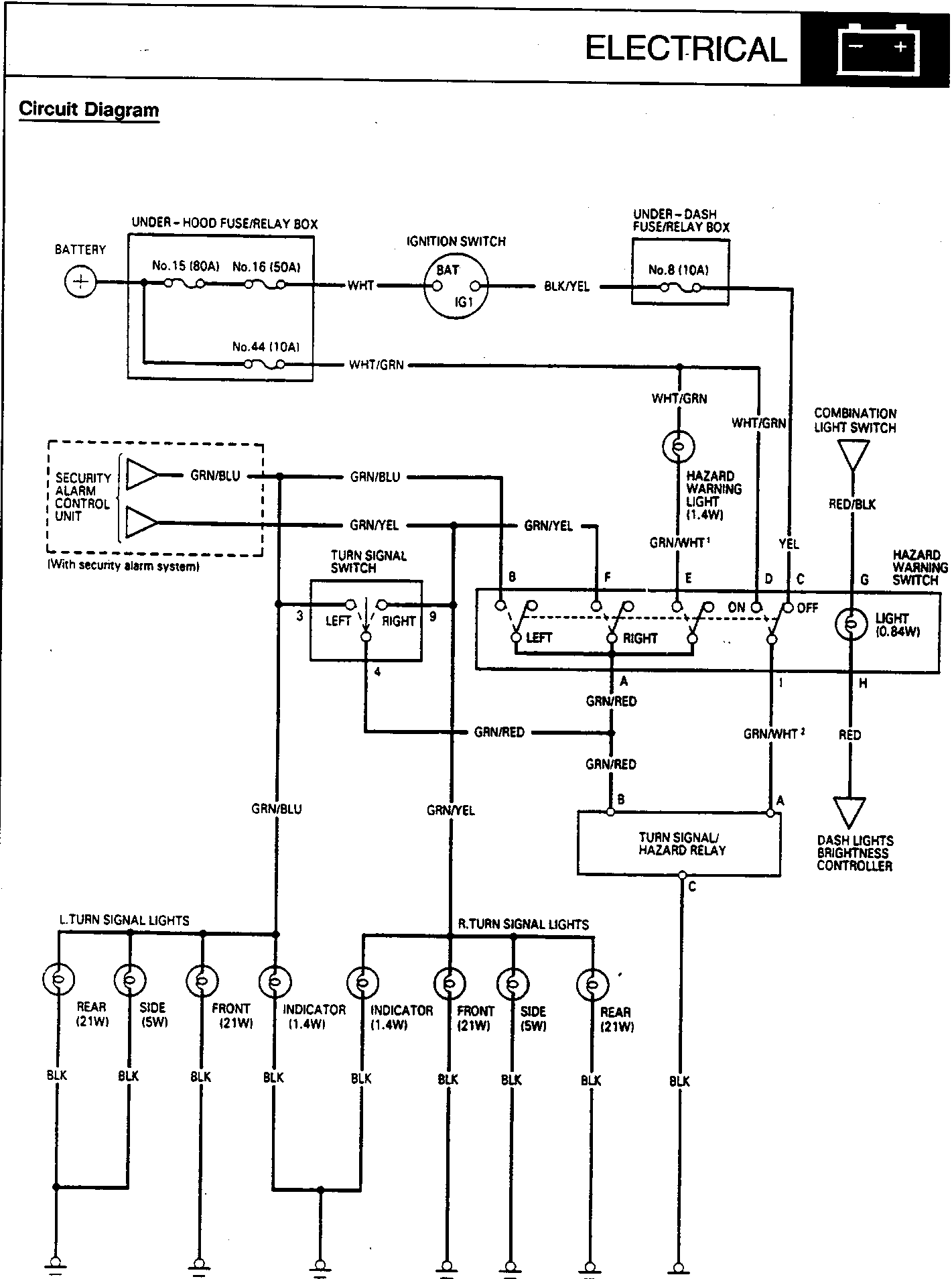 Electrical circuit diagram showing connections between battery, fuses, ignition switch, security alarm control unit, turn signal switch, combination light switch, hazard warning switch, turn signal/hazard relay, and various signal lights with wire color codes and ground points.