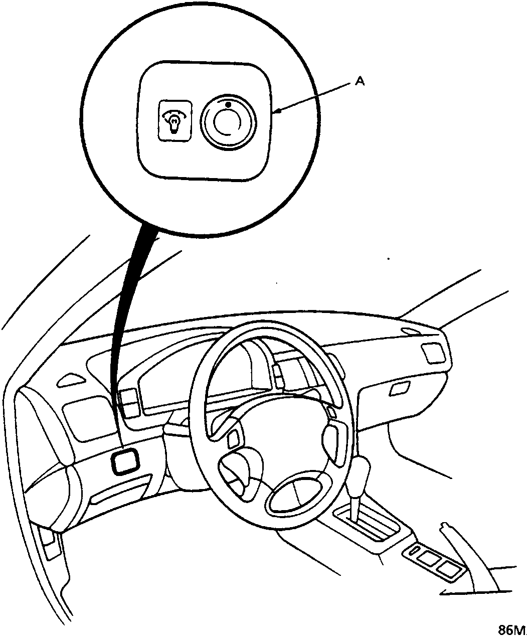 Line drawing of a vehicle dashboard showing the steering wheel and instrument cluster. A circular inset magnifies the area to the left of the steering wheel, highlighting a light symbol button and a rotary dial labeled 'A'.