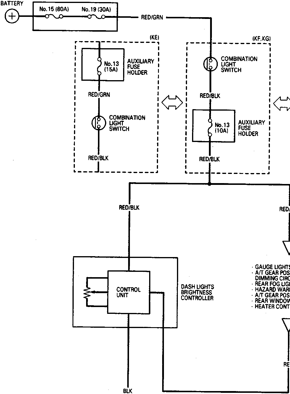Electrical circuit diagram showing connections from the battery through the under-hood fuse/relay box, auxiliary fuse holders, combination light switches, and dash lights brightness controller to ground G401. Includes wire color codes such as RED/GRN, RED/BLK, and RED.